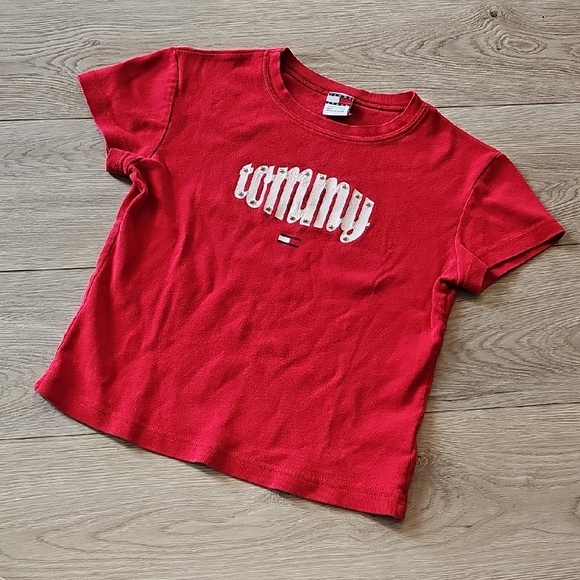 Y2K Tommy Hilfiger Short Length Red Logo T-Shirt, Medium - Picture 2 of 13